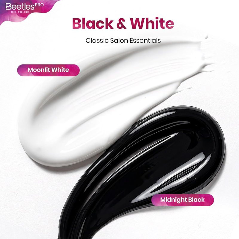 Beetles PRO Black & White Nail Art Gel - 2PCS UV-Cure Gel Paint with 10mm Liner Brush | Perfect for Floral Designs & French Tips