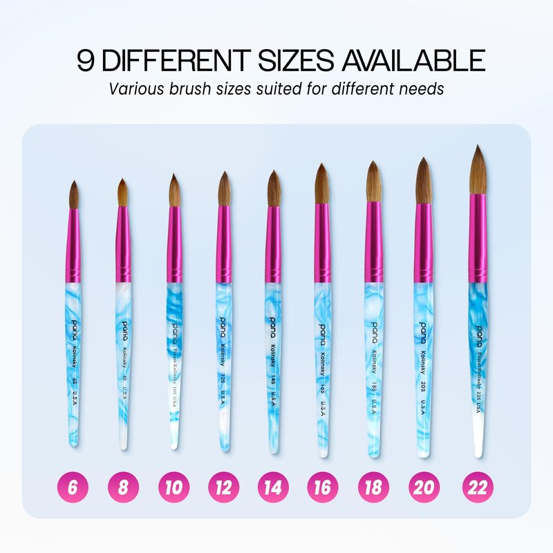 PANA USA Acrylic Nail Brush Pure Kolinsky Hair Acrylic White Swirl Blue Handle with Pink Ferrule Round Shaped - Size 8