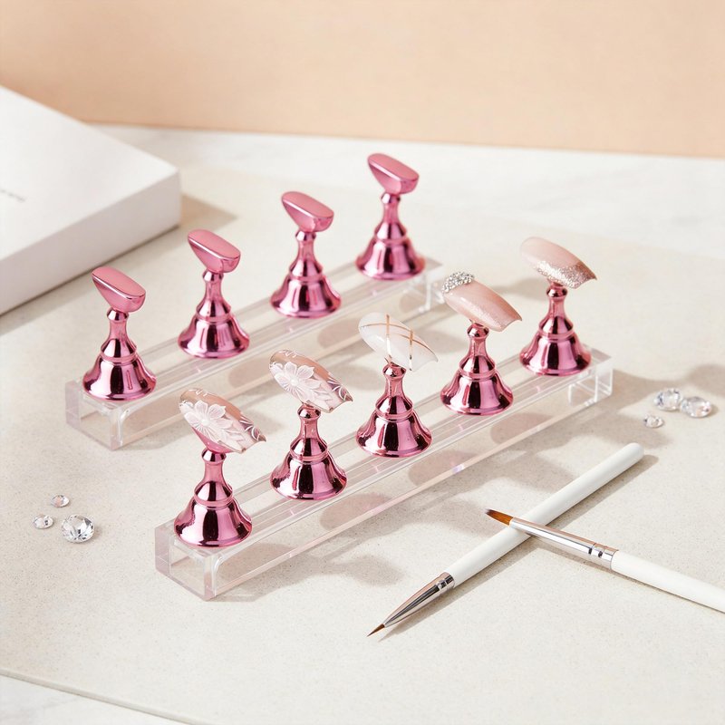 Difenni Nail Stand for Press On Nail Holder for Painting Nails Magnetic Nail Tips Practice Holder with 2 Pcs Double-sided Tape for DIY Painting (Pink B)