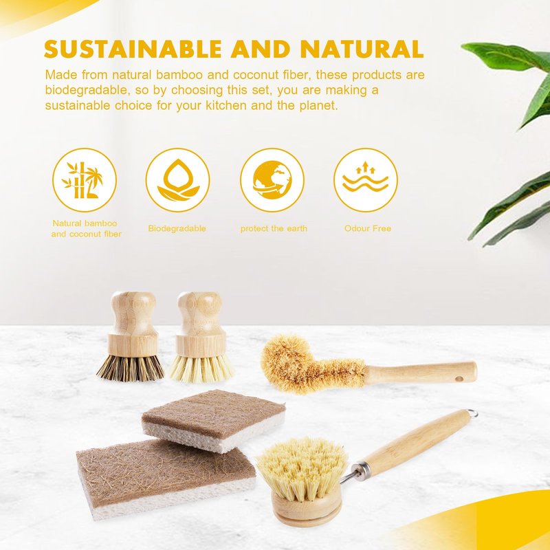 DEBETOOL 6 Piece Bamboo Dish Brush Set with Coconut Sponge - Wooden Dish Brush with Sisal and Palm Fiber, Natural Bamboo Dish Scrub Brush for Kitchen Cleaning Dishes, Pots, Pans, Bottles, Vegetables