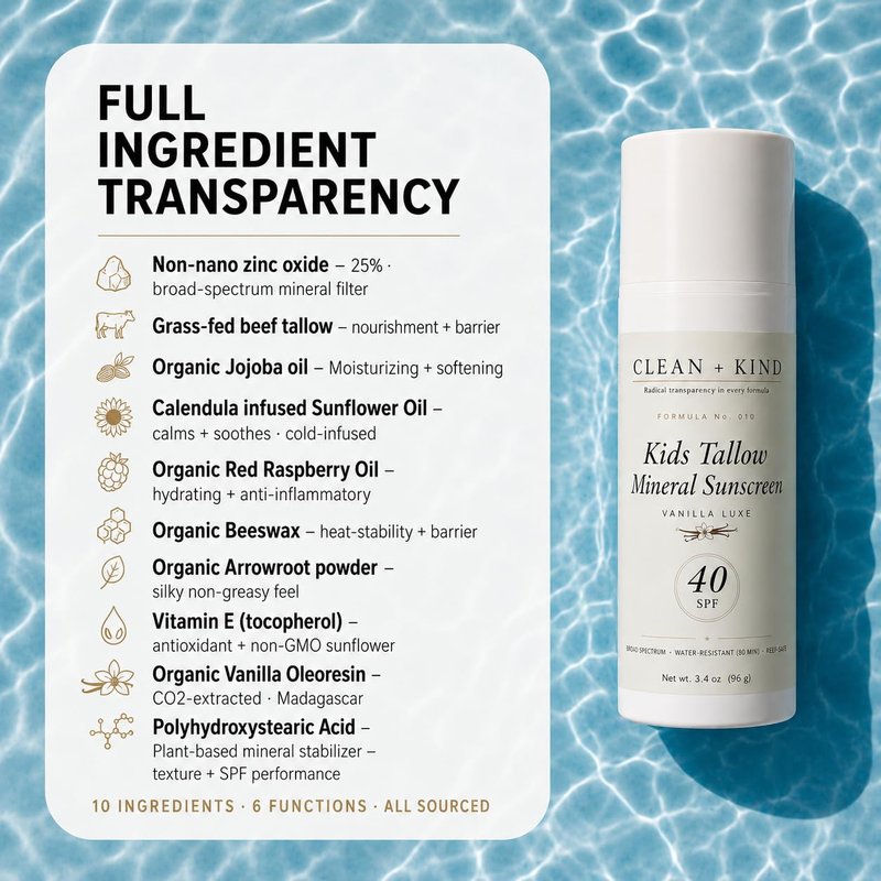 Clean + Kind Kids Sunscreen Mineral SPF 40 — Non Toxic Baby & Toddler Sunblock with Non-Nano Zinc Oxide, Grass-Fed Tallow, Natural Reef-Safe Sun Lotion, No White Cast for Sensitive Skin (3.4 oz)