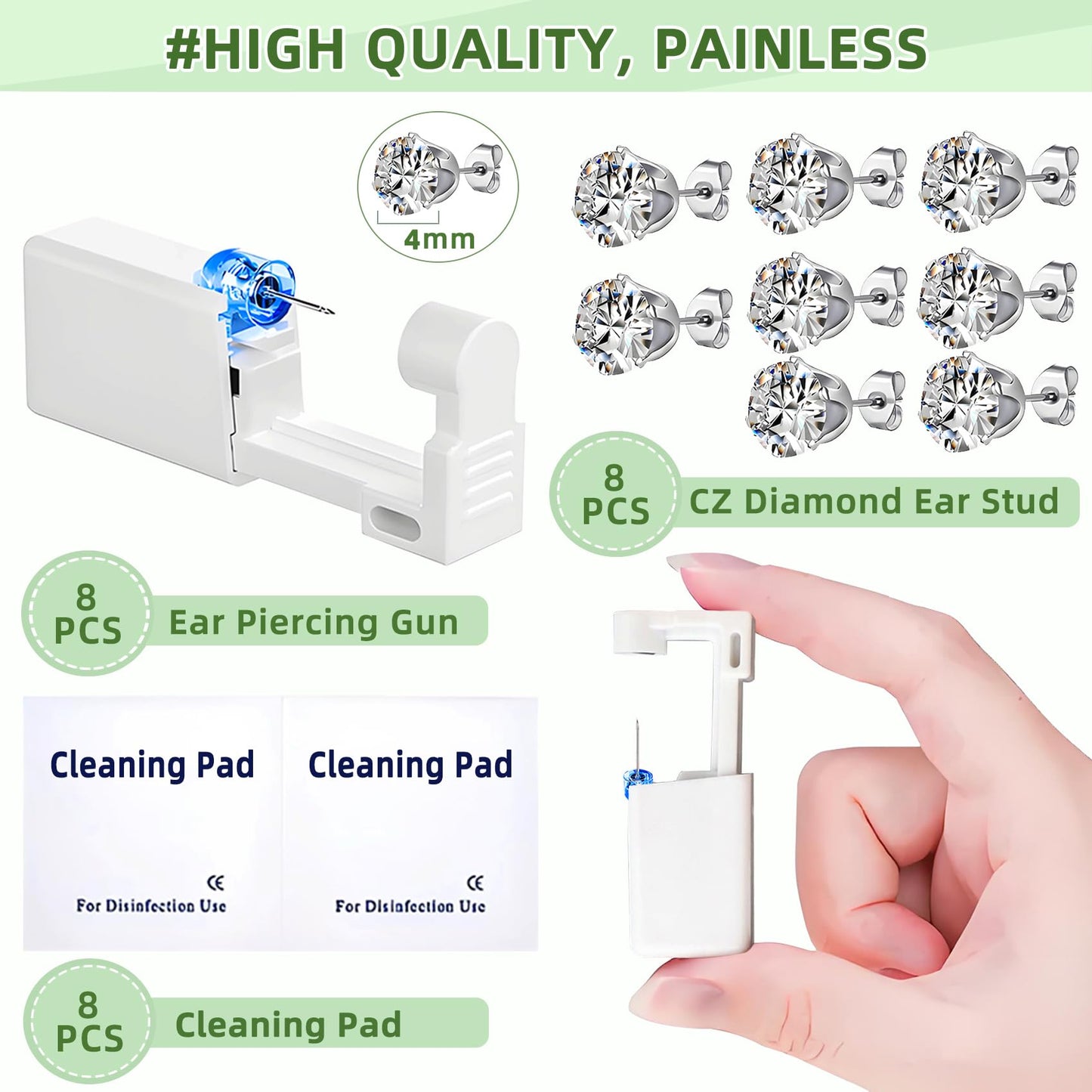24 Pcs Ear Piercing Kit Disposable Ear Piercing Gun Kit with 8 Pcs Self Piercing Gun and 8 Pcs Earrings Stud 8 Pcs Cleaning Pads, 4mm