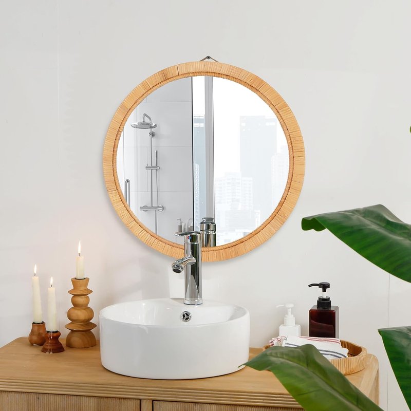 Rattan Wall Mirror - 20" Boho Round Decorative Mirror for Bathroom, Vanity & Entryway | Farmhouse Style