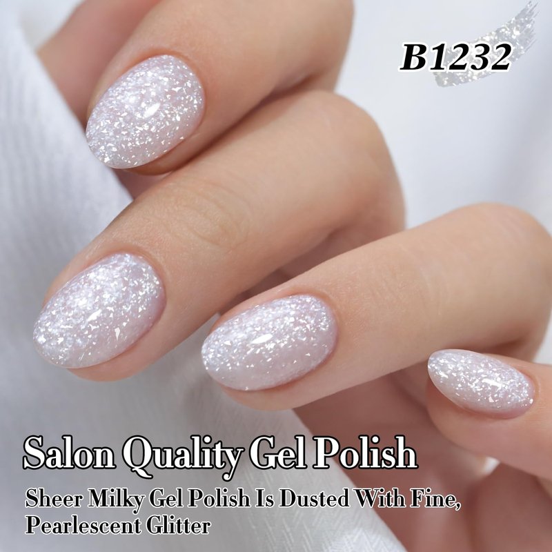 Double Rhythm 15ML Gel Nail Polish Pure Sheer Same Color Same Bottle Soak Off Gel Polish Art Manicure Salon DIY at Home for Women (White Flake Glitter-B1232)