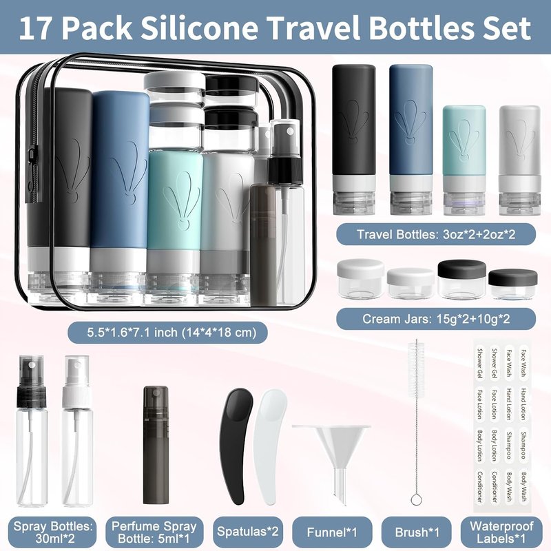 INSFIT Travel Bottles Set - 17 Pack TSA Approved Silicone Toiletry Containers | 3oz & 2oz Leak-Proof, BPA-Free