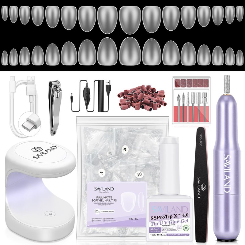 SAVILAND Advanced Gel Nail Kit Almond: 15 Sizes Extra Short Almond Nail Tips with Nail Drill & U V Lamp 500 Pcs Salon Grade Full Matte Nail Tips 30-Day Long Lasting Home DIY Beginner