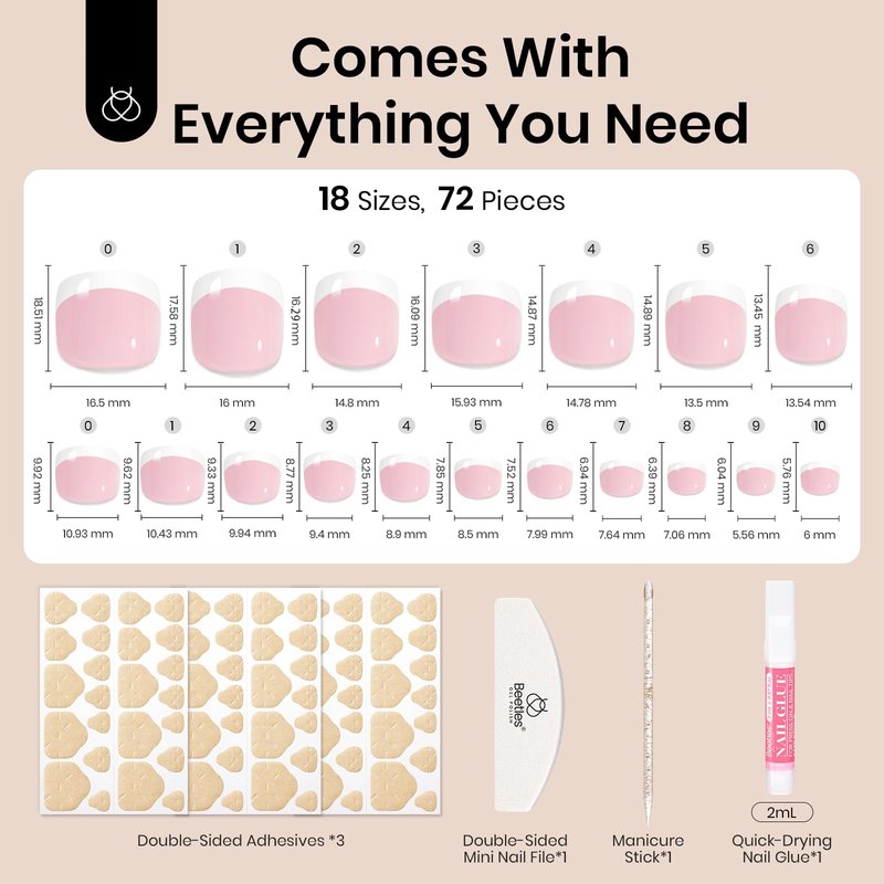 Beetles Toe Nail Press Ons Short - White French Tips Press On Toe Nails Square for Women - Perfect fit for feet with Jelly Glue Fast Dry Glue Fake Toenails in 18 Sizes- 72 Toenails Kit