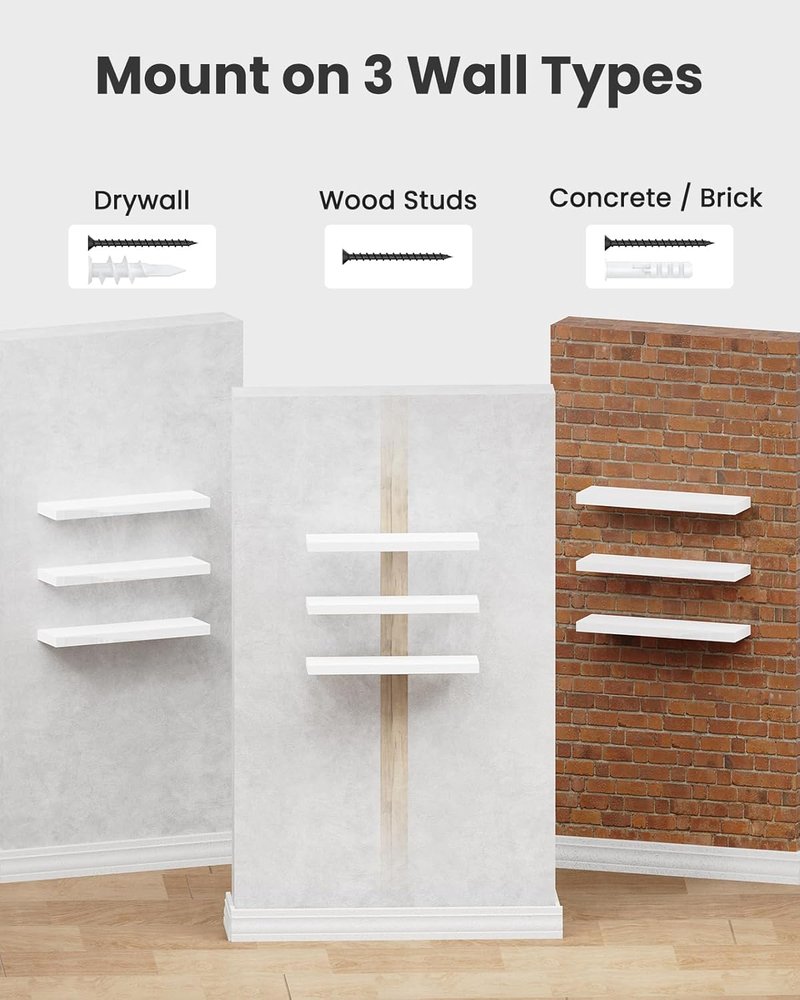 AMADA HOMEFURNISHING Floating Wall Shelves - Set of 3 White Shelves with Invisible Brackets for Home Decor