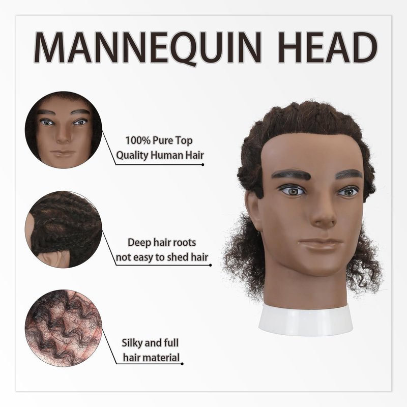 Sirydtm Male Afro Kinky Curly Mannequin Head - 100% Human Hair Mannequin Head Men's Training Barber Mannequin Head with Stand for Salon Braiding, Styling, Cutting, Coloring & Updos（WHBZT1B#）