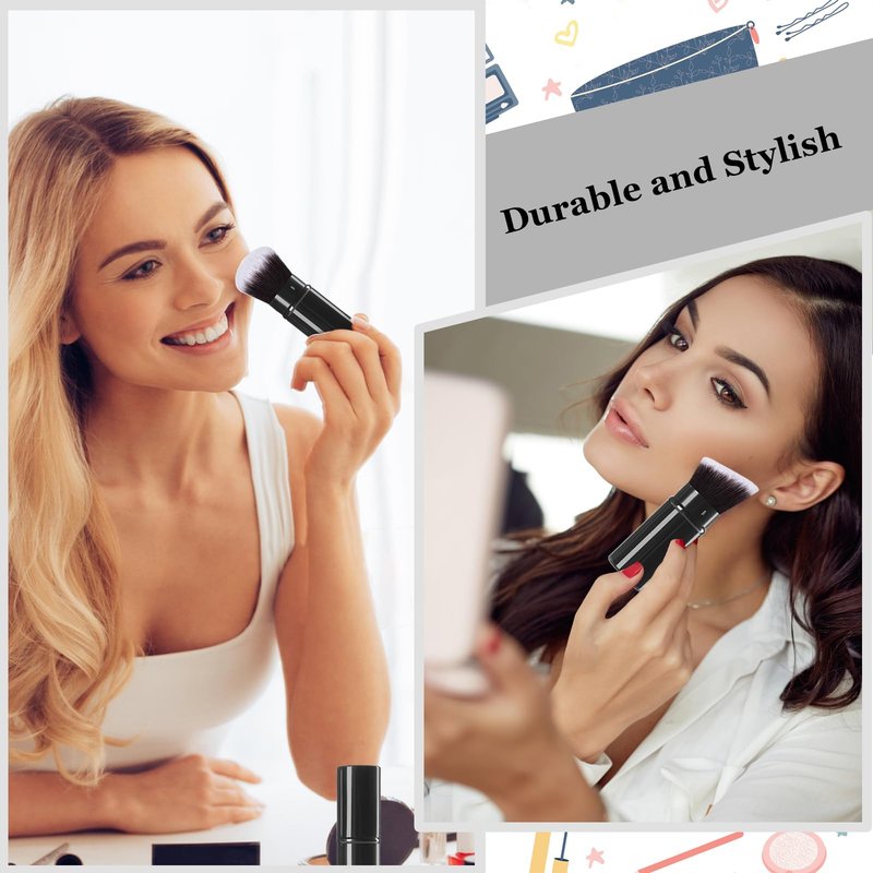 Keriloo Retractable Kabuki Makeup Brush, 2 Pack Travel Angled Powder Foundation Blush Brush Set for Blending Liquid, Bronzer, Buffing, Concealer, Blush, Highlighter, Flawless Cosmetics