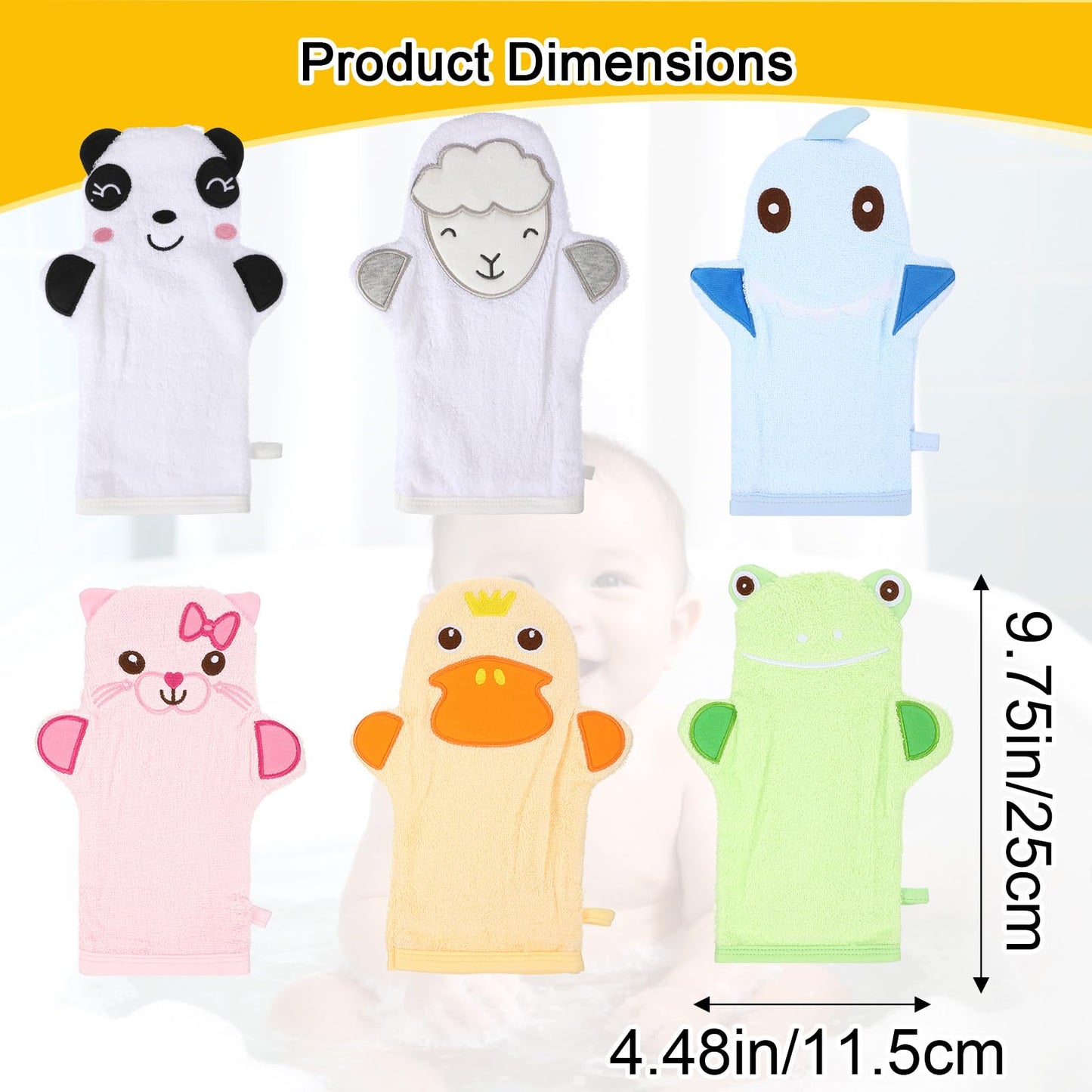 6Pcs Baby Bath Mitt Washcloths Gloves Soft Panda Toddler Washcloths for Kids Cute Animal Designs Yellow Duck Shark Sheep Cotton Towel Gentle Scrub for Baby Bath Shower