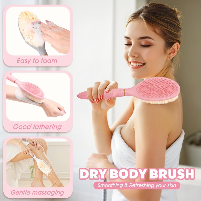 GEENOA Foot Brush & Back Scrubber Set, 27.5'' Adjustable Foot Scrubber for Shower, 18.9'' Shower Back Scrubber with 3-Length Usage, Great Aid for People with Limited Mobility(Pink Set)