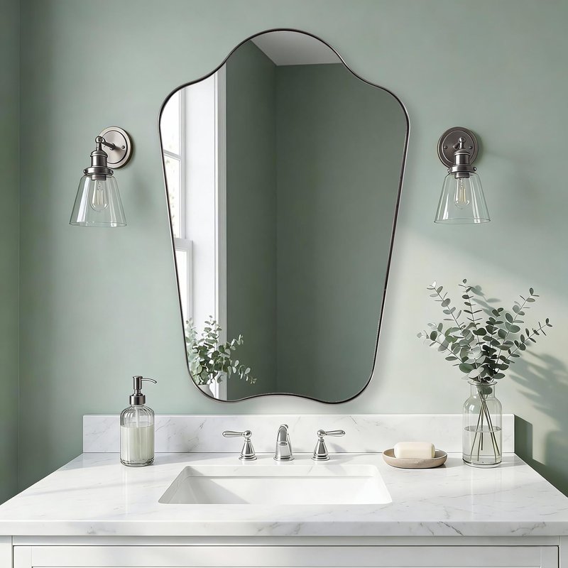 ANDY STAR Brushed Nickel Bathroom Mirror, 24x36 Scalloped Wall Mirror for Vanity, Asymmetrical Shaped Mirror for Entryway, Bedroom, Anti-Rust Stainless Steel Frame