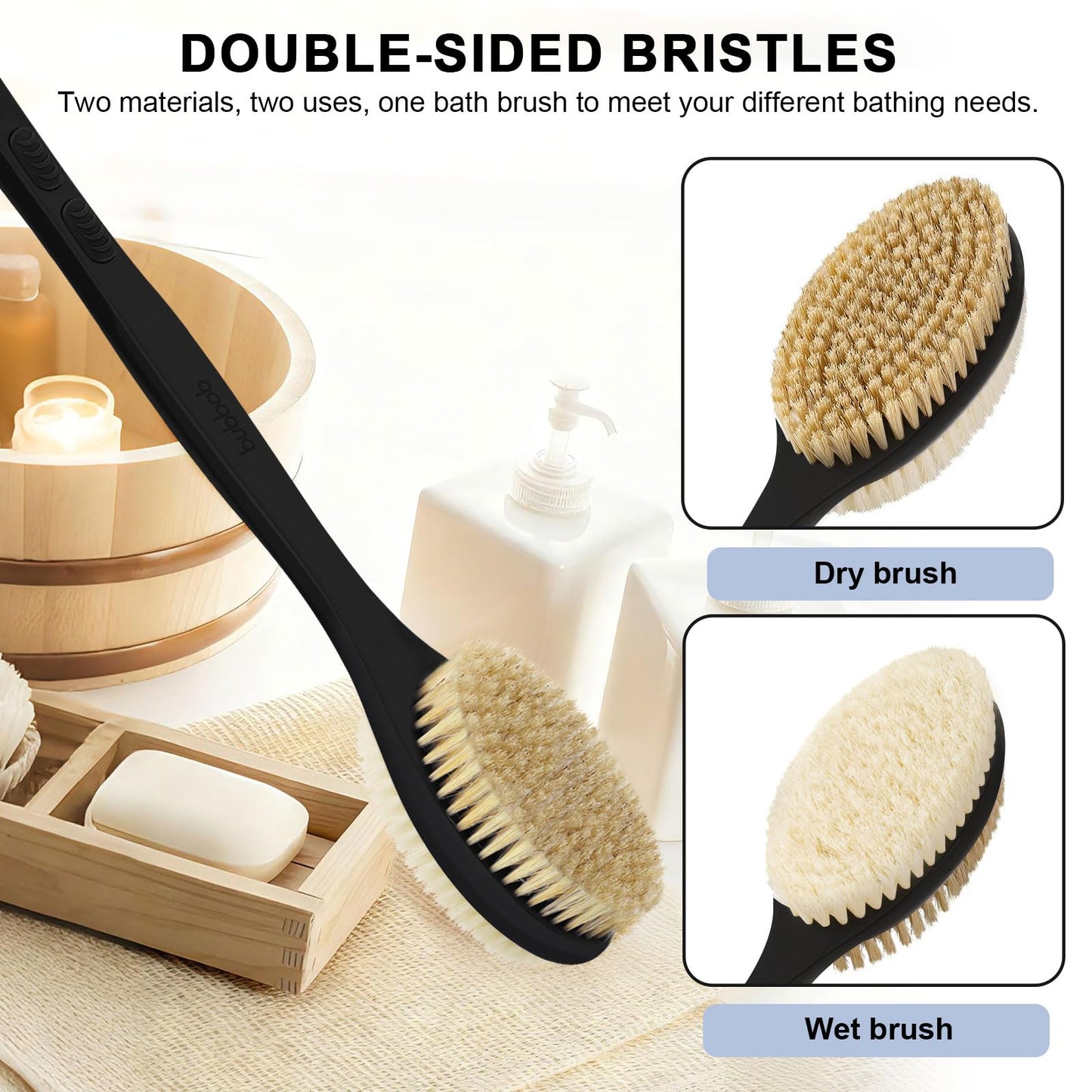 Back Scrubber for Shower with Long Handle, Exfoliating Bath Brush for Body - Double Sided Bristles (Stiff & Soft), Anti-Slip Grip, Lightweight - Gift for Seniors, Includes Lanyard & Hook,Black