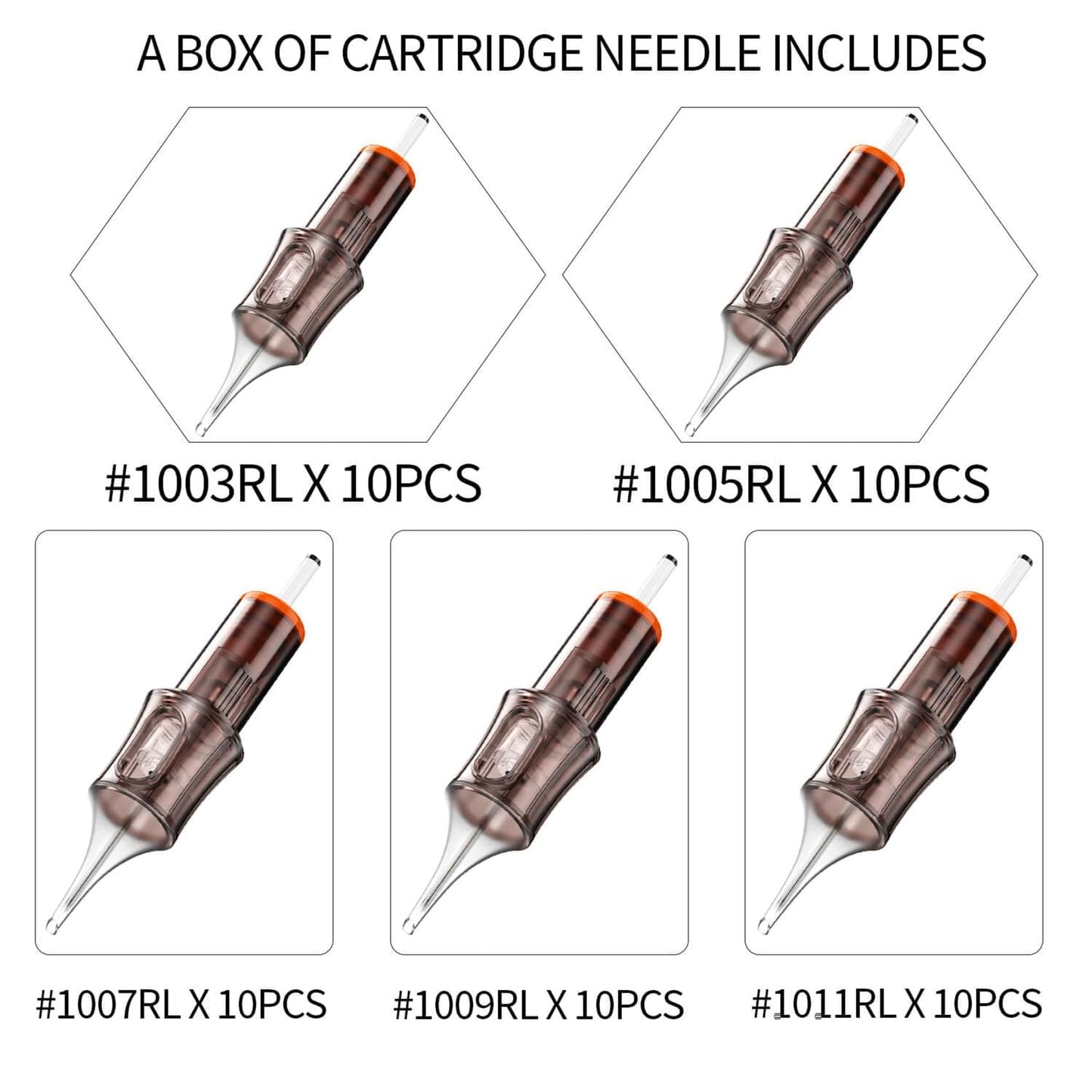 50 Assorted Tattoo Cartridge Needles Mixed Size #10RL Bugpin Round Liner - 10 pcs each of 3RL 5RL 7RL 9RL 11RL Pro Disposable Membrane Assorted Tattoo Needles