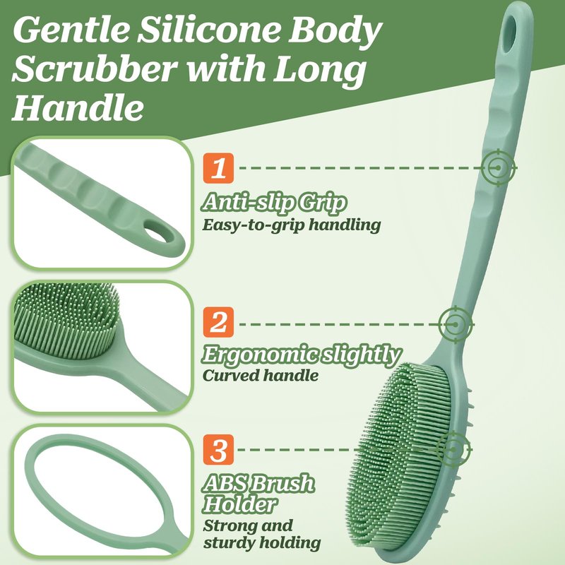 GEENOA Silicone Back Washer for Shower, Gentle Silicone Back Scrubber for Lathering, Soft Silicone Loofah Bath Brush with Dual-Side & Detachable Brush Head, Good for Sensitive Skin(Green)