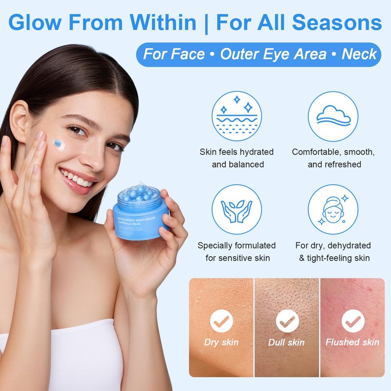 Hyaluronic Capsule Cream - Lightweight Moisturizing Gel for Glowing Skin | Ceramides & Peptides | 2.12 oz