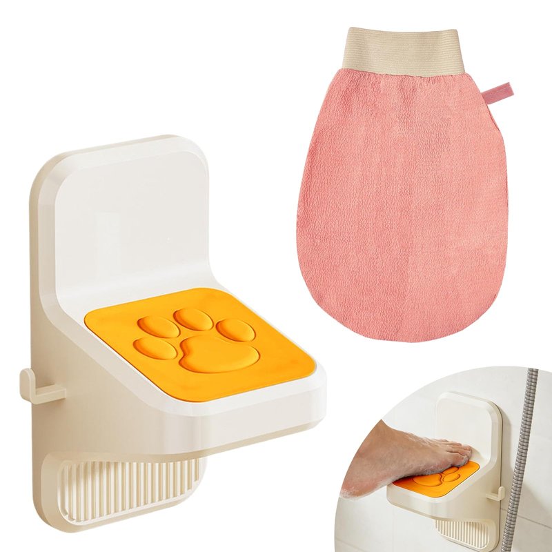 Shower Foot Rest and Exfoliating Gloves Set, Non-Slip No Drill Shower Step Pedal for Shaving Legs, Wall Mounted Bathroom Triangular Shower Shaving Foot Stool, Universal Bathroom Foot Pedal (1 Set)