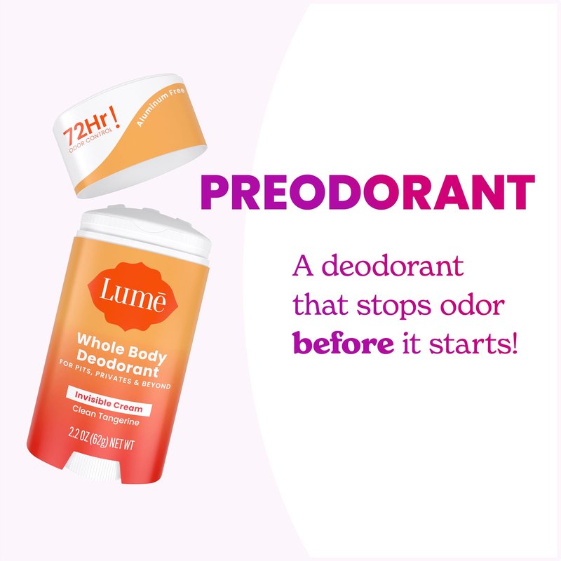 Lume Whole Body Deodorant - Invisible Cream Stick - 72 Hour Odor Control - Aluminum Free, Baking Soda Free, Skin Safe - 2.2 Ounce (Pack of 2) (Clean Tangerine)