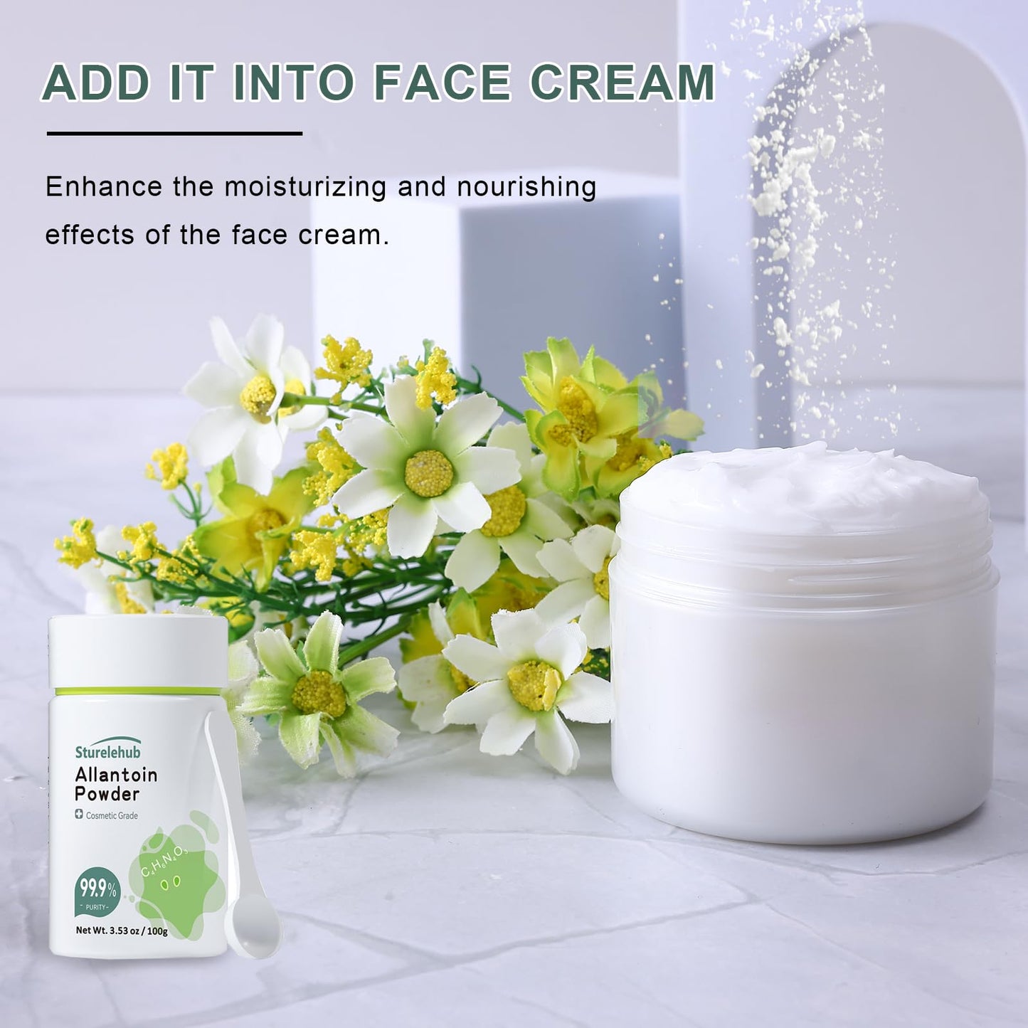 Sturelehub Allantoin Powder, 3.53 OZ 99.9% Purity, Cosmetic Grade, DIY Allantoin Emulsion, Allantoin Cream, Allantoin Lotion, Allantoin Masks, Allantoin Helps to Hydrate And Moisturize The Skin