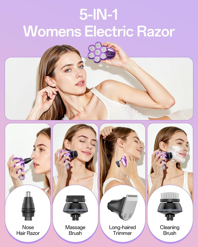 5-in-1 Electric Razors for Women, 7D Magnetic Heads Full Body Shaver, Waterproof Wet Dry Hair Remover with LED Display, Rechargeable Bikini Trimmer for Underarms, Face, Legs, Lips, Arms (Purple)