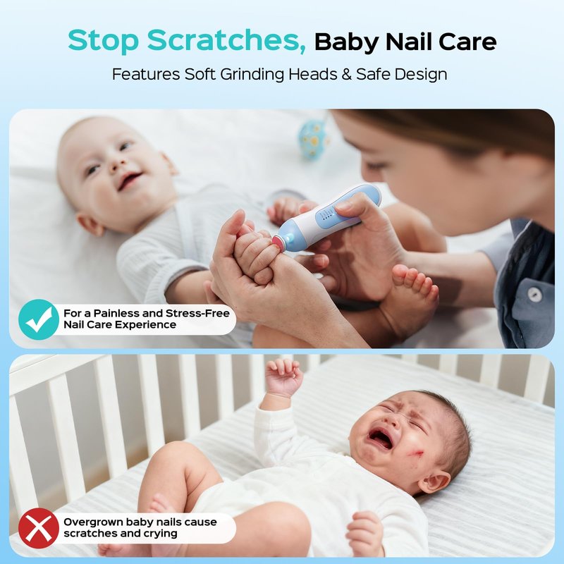 COSLUS C52 Rechargeable Baby Nail File: Cordless Baby Nail Trimmer Electric, Baby Nail Clipper with 5 Speeds & 6 Grinding Heads for Baby Kid, CPC Certified & Quiet Design - Safe for Sleep Trim, Blue