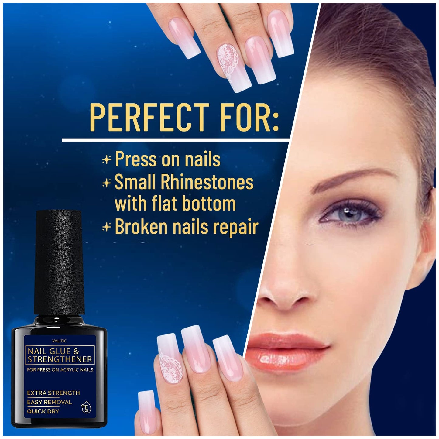 Valitic Strong Nail Glue and Strengthener for Acrylic and Press On Nails - Quick Dry Brush On Gel for Long Lasting Effect - Adhesive Nail Bond for False Nails with Tips Strengthener - 2 Pack