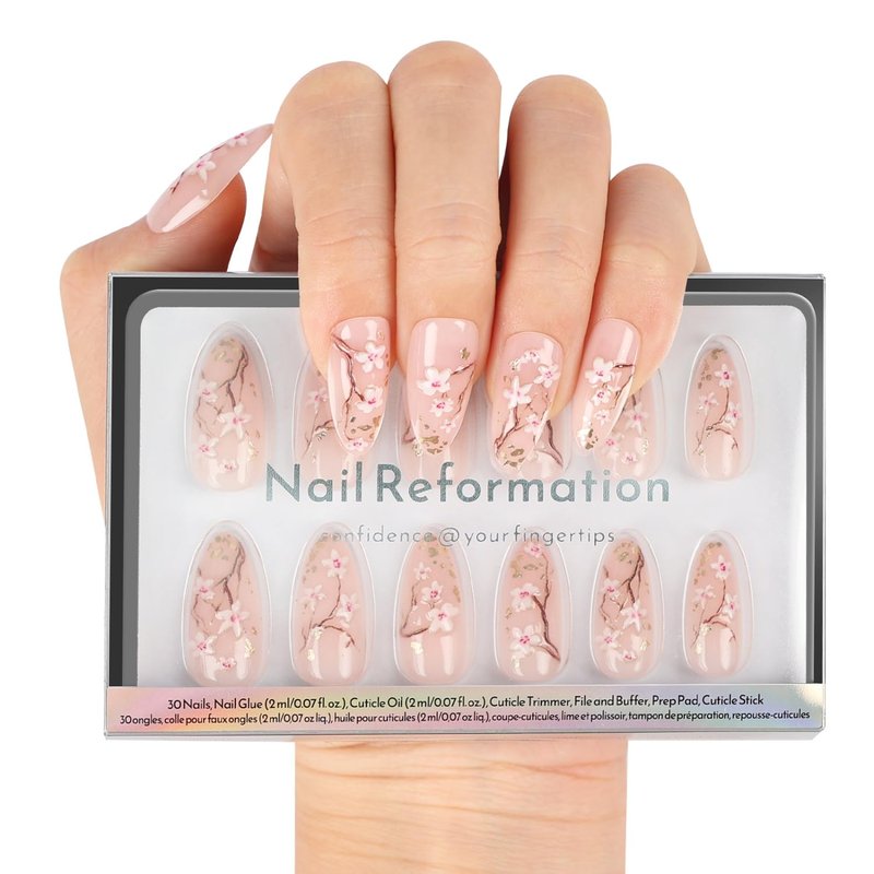 Nail Reformation Press On Nails - Soft Sakura Floral Medium Almond Design | Salon Quality, Reusable 30 Nail Kit in 15 Sizes