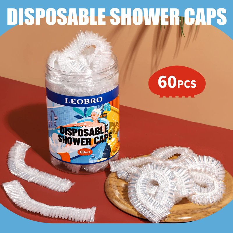 LEOBRO Shower Caps, 60PCS Large Disposable Shower Caps for Women, Plastic Shower Cap, Plastic Cap for Hair Treatment, Travel, Large Size 19.3 INCH