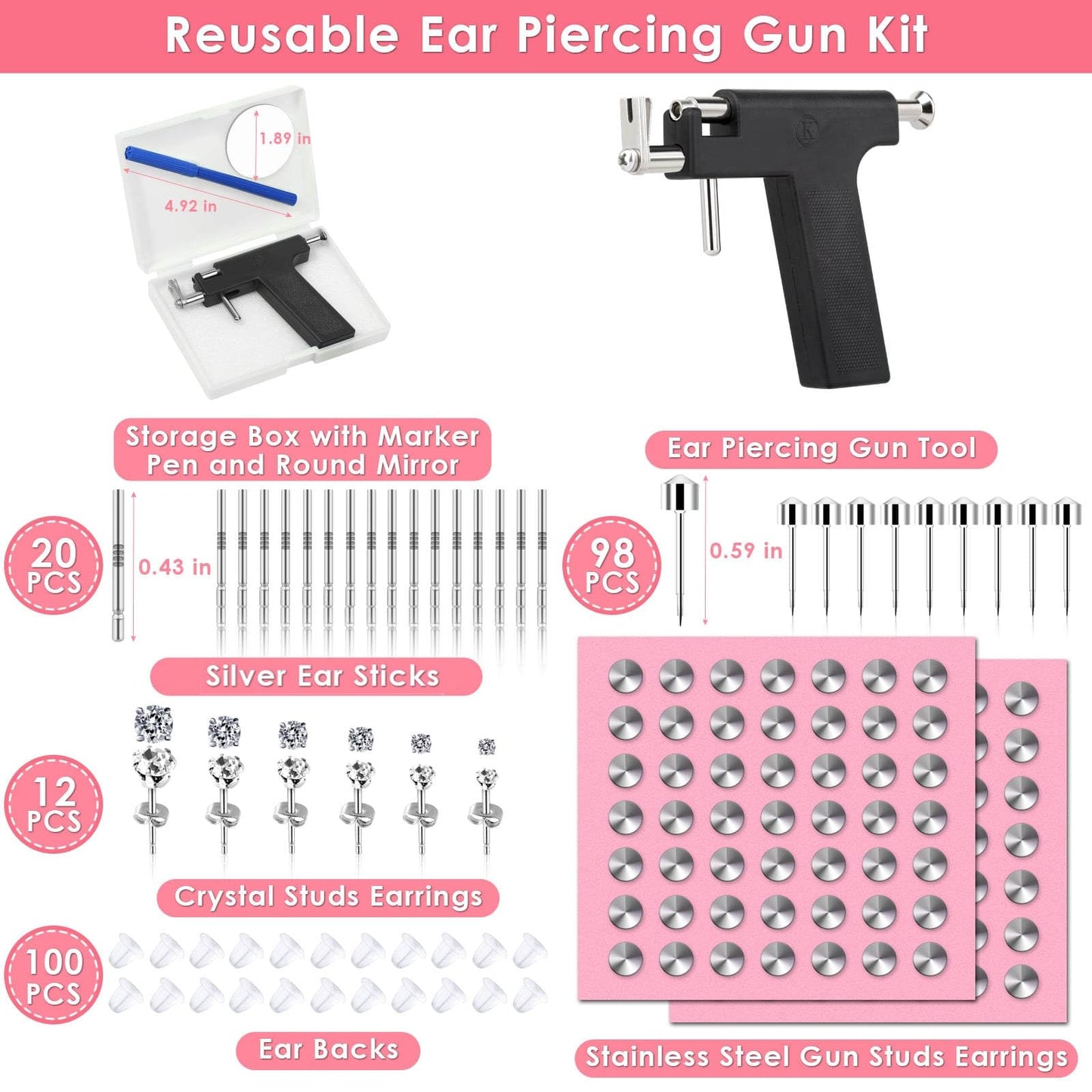 Professional Ear Piercing Gun Kit, Reusable Piercing Gun with Stainless Steel Piercing Earrings Studs, Crystal Earrings for At Home Salon Earlobe Cartilage Helix Tragus Piercing Tool Kit