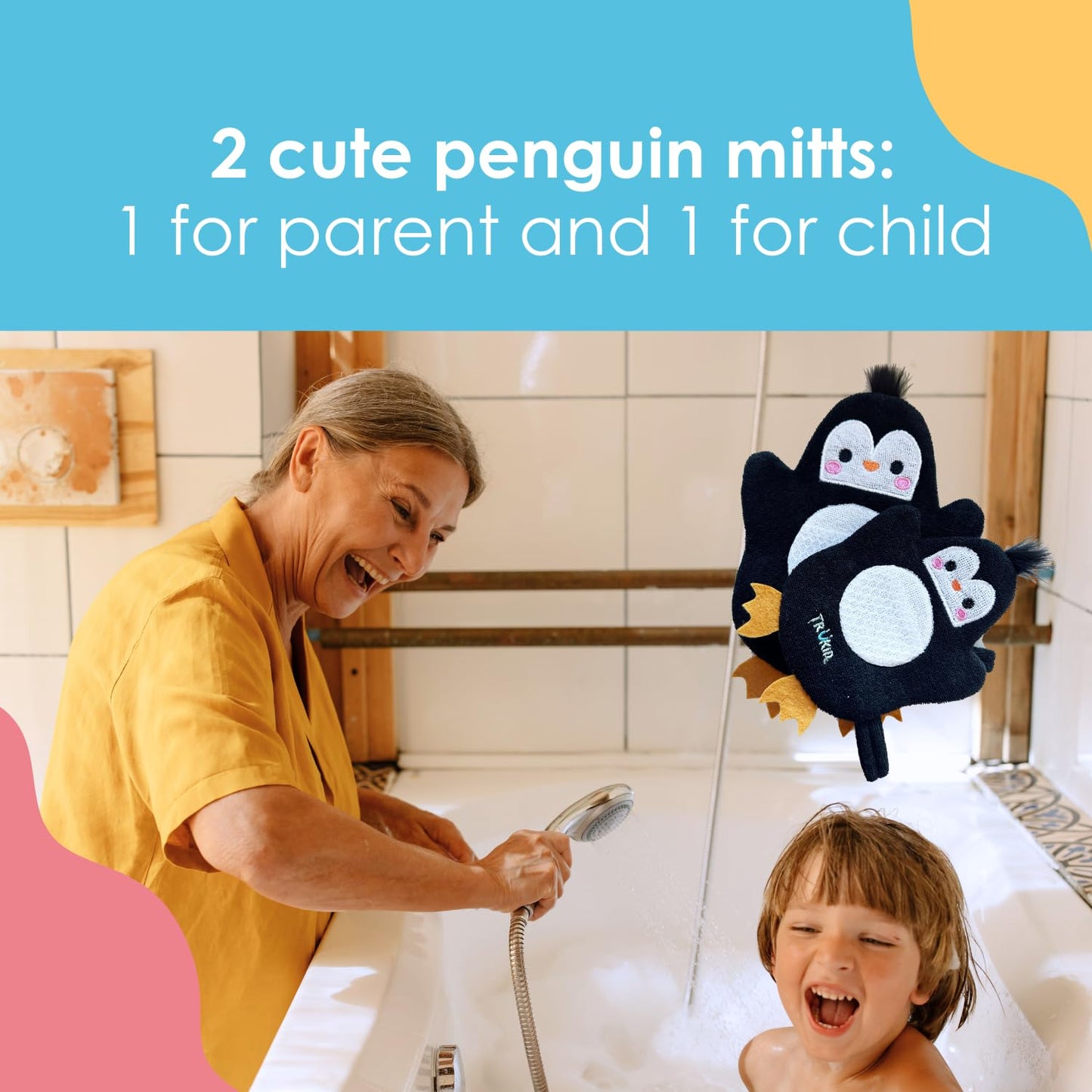 TruKid BubbleGlove, Bath Wash Gloves-Sponge - Hand Puppet for Kids & Toddler, Bath Sponge & Baby Washcloth Mitt for Kids & Adults, Body Scrubber for Mommy & Me - Penguin Set of 2