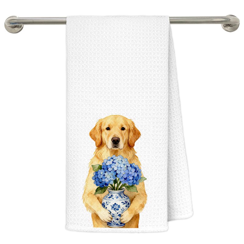 awdschkj Blue Chinoiserie Hydrangea Golden Retriever Kitchen Towels, Golden Retriever Lovers Gifts Dish Tea Towels, Grandmillennial Floral Dog Decorative Hand Towel for Bathroom, 16x24 Inches