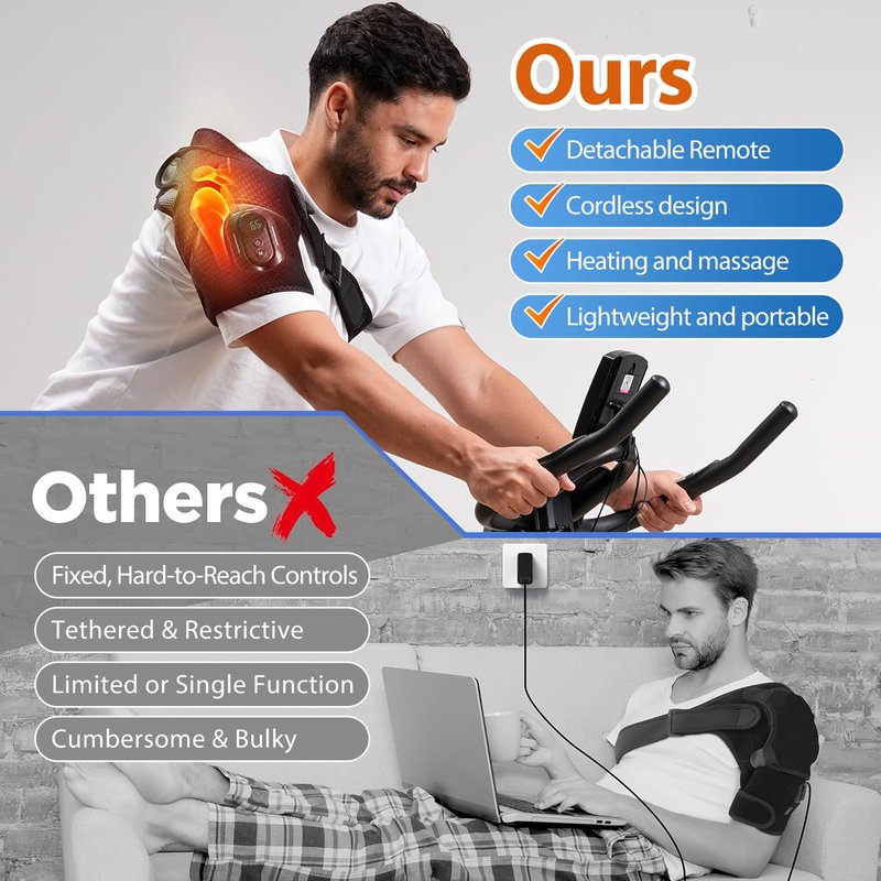 HOMRELEXA Magnetic Detachable Remote Control Shoulder Heating Pad - Cordless Heated Shoulder Massager Wrap with 5 Vibration Modes and 5 Heating Levels, Time Setting, Gift for Men & Women, Black