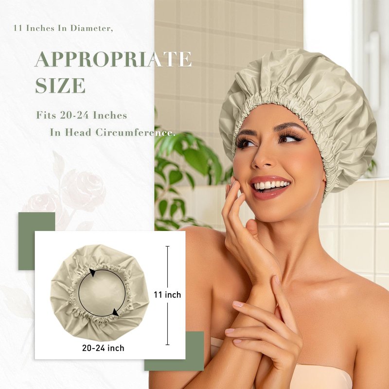 Reusable Shower Cap for Women, Large Waterproof Shower Bonnet with Elastic Band, Washable Bath Hair Cap for Long, Curly Hair, Braids, Daily Shower, Home Spa, Travel(Gray Yellow)