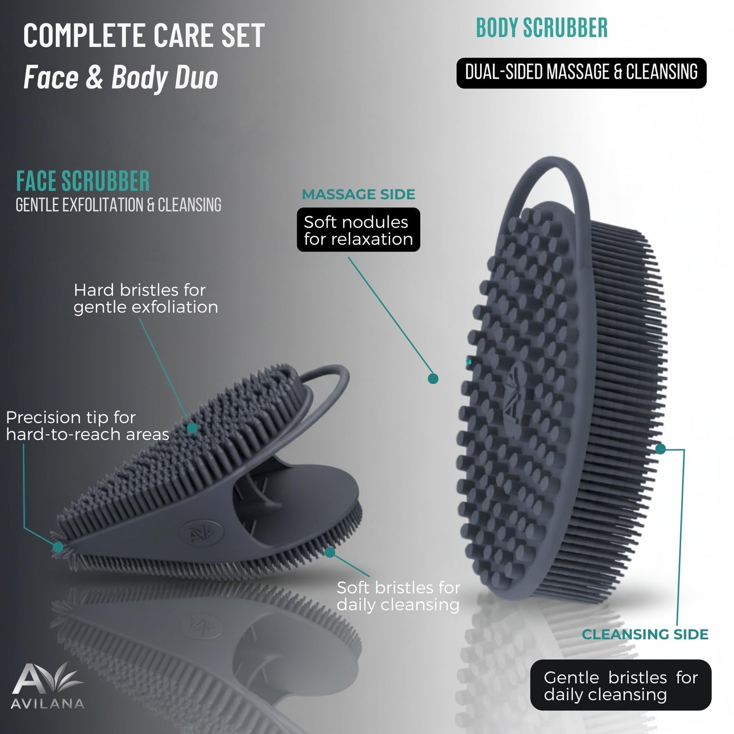 Avilana Premium Body Scrubber and Face Brush Set - Trusted Since 2017 - SGS Certified Silicone 2-in-1 Shower Kit, Dual Sided Gentle Exfoliating Loofah Alternative Sensitive Skin Women Men Gift
