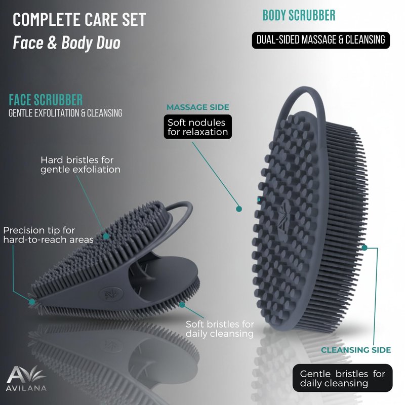 Avilana Premium Body Scrubber and Face Brush Set - Trusted Since 2017 - SGS Certified Silicone 2-in-1 Shower Kit, Dual Sided Gentle Exfoliating Loofah Alternative Sensitive Skin Women Men Gift