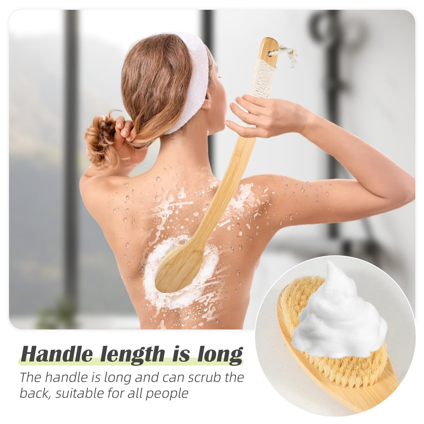 Bath Body Brush Shower, 22" Super Long Curved Bamboo Handle Antiskid Back Body Scrubber Wet/Dry Brushing, Moderately Soft Natural Bristle Body Brush for Showering