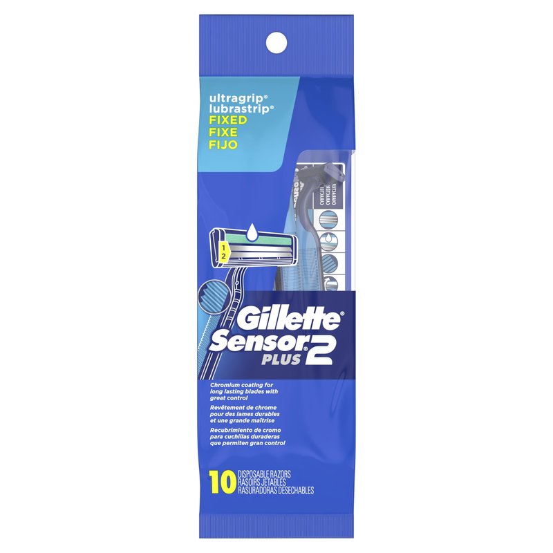 Gillette Sensor2 Plus Fixed Men's Disposable Razor, 10 Count (Pack of 3) Blue