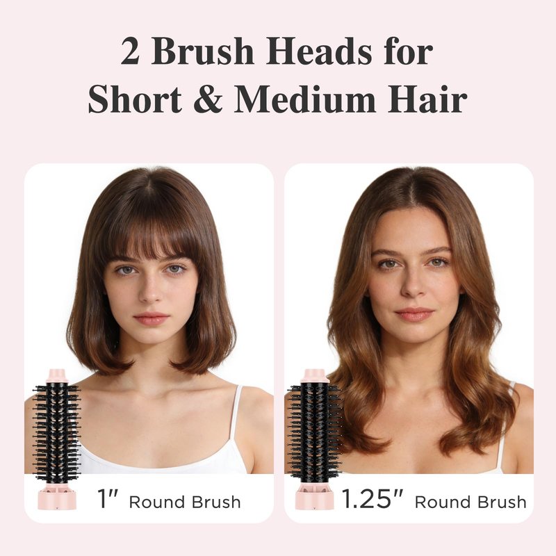 Aima Beauty Blow Dryer Brush Set - 4-in-1 Round Brush Blow Dryer Adds Shine, Smooth, Curl & Volume for Short to Medium Hair, Interchangeable 1” & 1.25” Round Barrel, Ionic Frizz Control, Pink