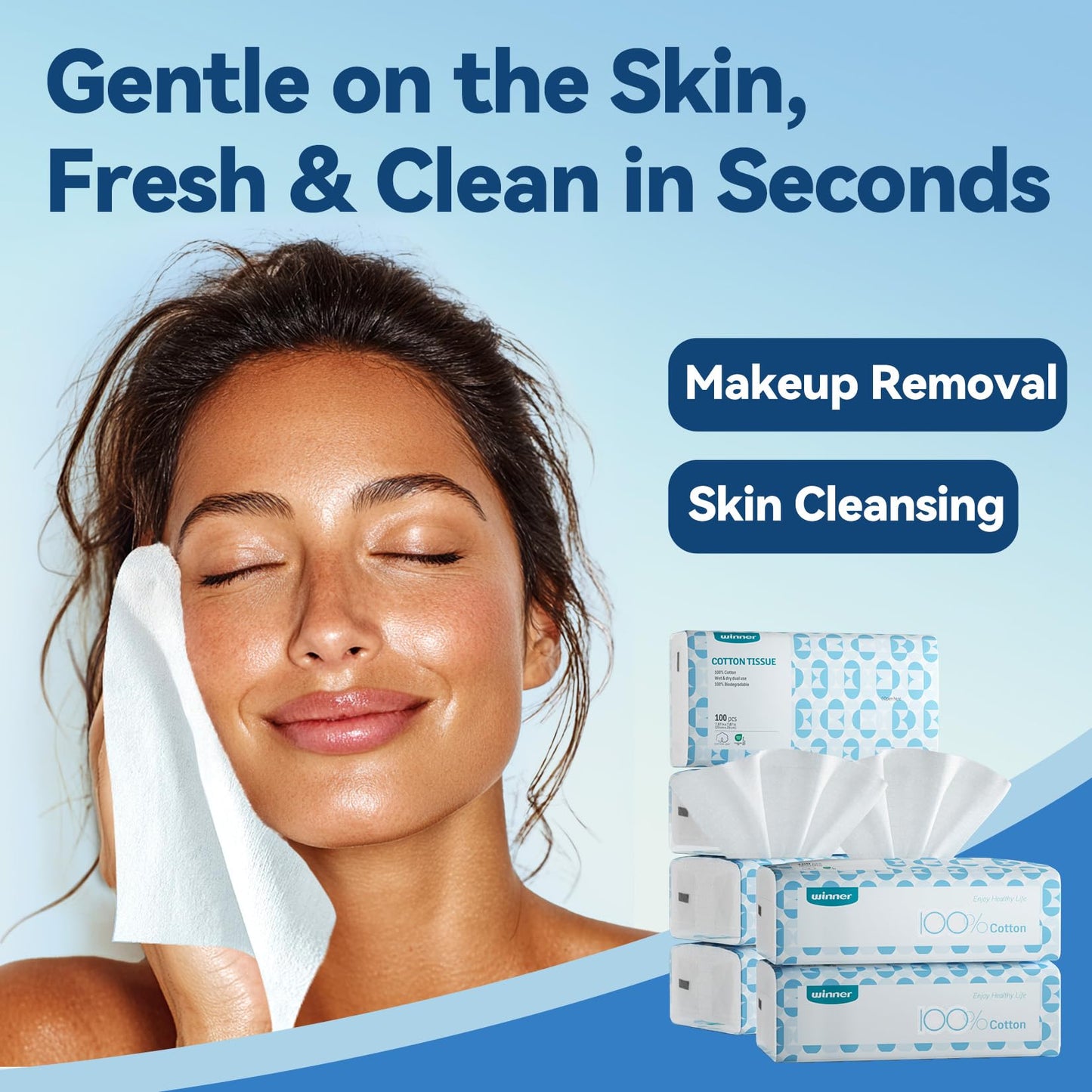 Winner Soft Face Towels, 100% USDA Biobased Facial Towels, Unscented for Sensitive Skin, OEKO-TEX Certified Face Towelettes Disposable, Makeup Remover Dry Wipes, 300 Count, Pack of 3