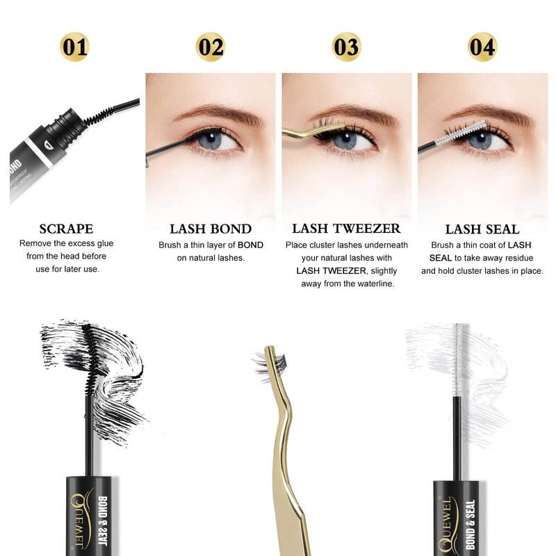 QUEWEL Lash Clusters Bond and Seal, Black Cluster Lashes Glue for DIY Eyelash Extensions, Strong Hold&Waterproof Eyelash Clusters Glue, Gentle Lashes Glue