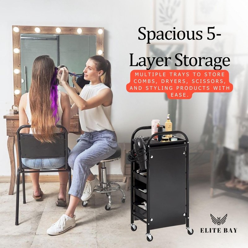 ELITE BAY-Hairdressing Trolley- Metal Salon Rolling Cart Organizer.Durable Beauty Storage Unit with Wheels.Multi-Tier Tray System for Hair Tools, Makeup & Spa Essentials.Black & Gold Finish