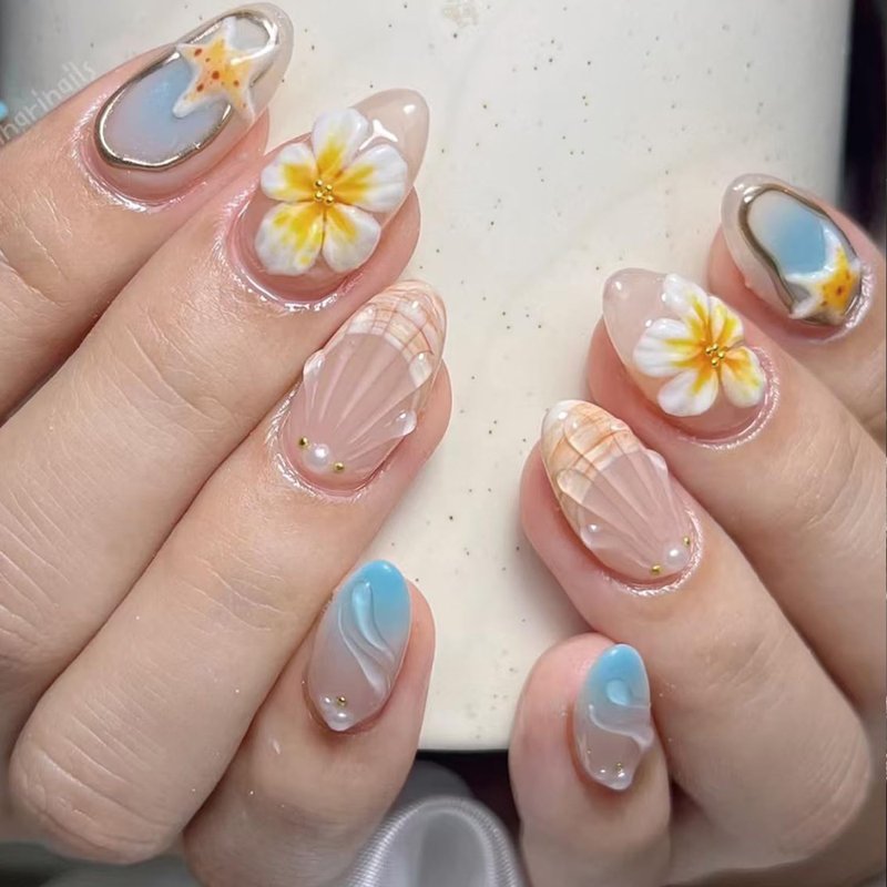 Press-On Nails - Summer Beach Almond French Tips with 3D Flower & Gold Shell Design | Blue Gradient Full Cover Acrylic, 24 Pcs