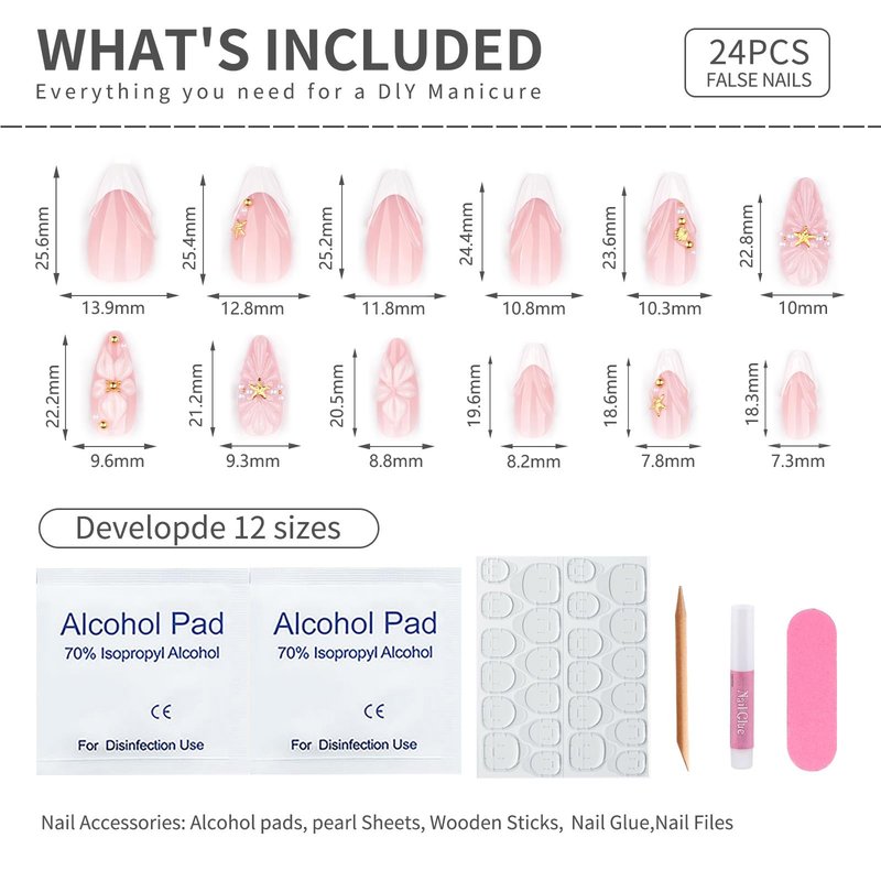 Mivota Medium Almond Press On Nails French Tip Nude Acrylic Fake Nails with 3D Shell Starfish Pearl Floral Design, Elegant Summer Beach Style DIY Manicure for Women