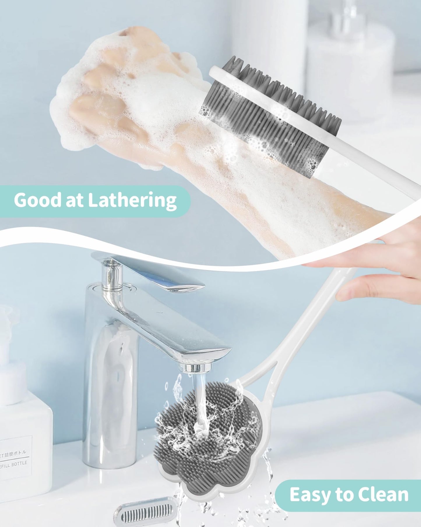Manmihealth 15.7" Cute Silicone Back Scrubber with Long-Handle, Dual Use Back Brush for Shower with Super-Soft Silicone Bristles, Paw-Shaped Shower Body Scrubber for Sensitive Skin (Gray)