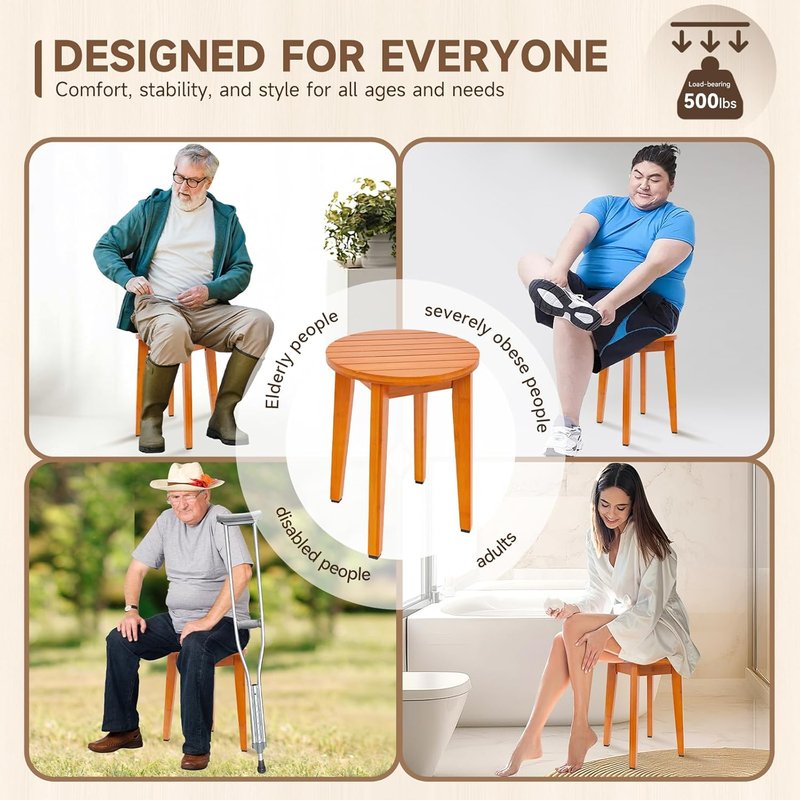 Skiennix 16-Inch Bamboo Shower Stool - Waterproof Bathroom Chair with Corner Design (Honey Bamboo, XL)