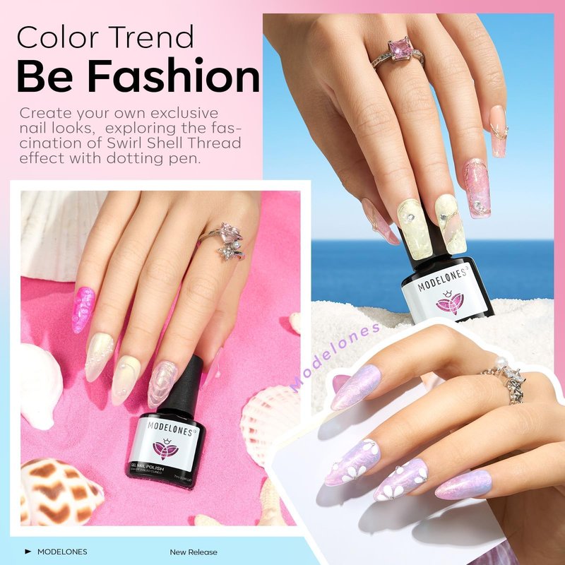 modelones Pearl Gel Nail Polish Set, 6 Colors Ocean Shimmer White Hot Pink Purple Blue Green Mermaid Glitter Gel Polish Soak Off Nail Drawing Swirl Shell Thread Effect DIY Gift