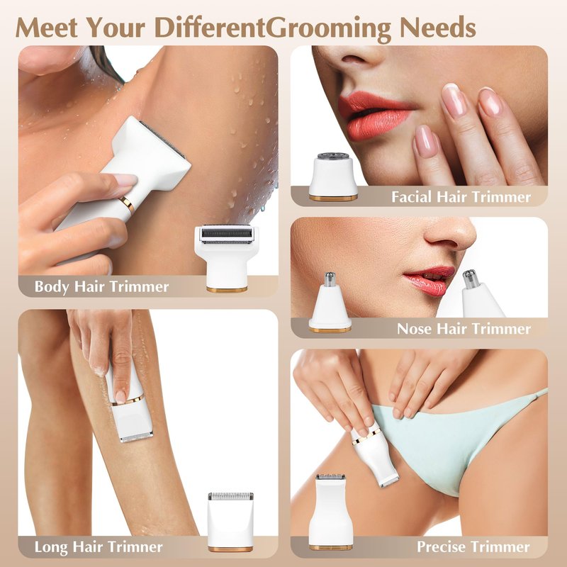 EiLVEEY Electric Bikini Trimmer for Women - 5 in 1 Rechargeable Electric Razors for Women, IPX7 Waterproof Pubic Hair Trimmer, Painless Womens Body Shaver, Facial Razor & Nose Hair Shaver, White