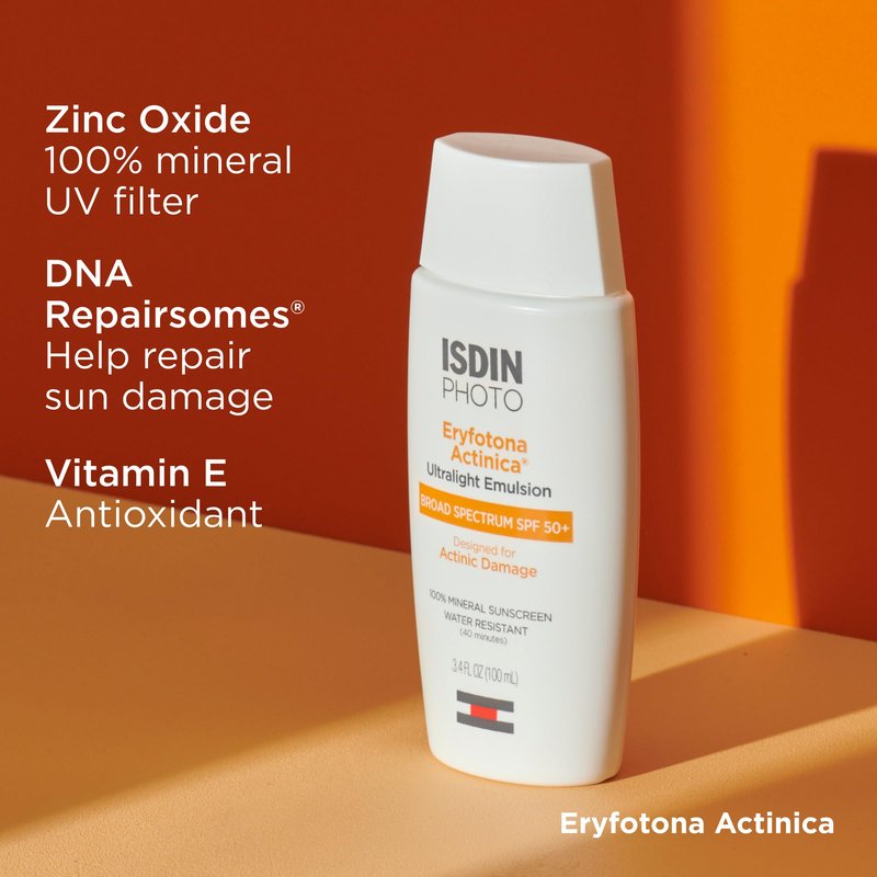 ISDIN Eryfotona Actinica SPF 50+ (3.4 Fl Oz) | Mineral Sunscreen for Face with Zinc Oxide | 100% Mineral UV Filters | No White Cast, Suitable for Sensitive Skin, Dermatologist Recommended