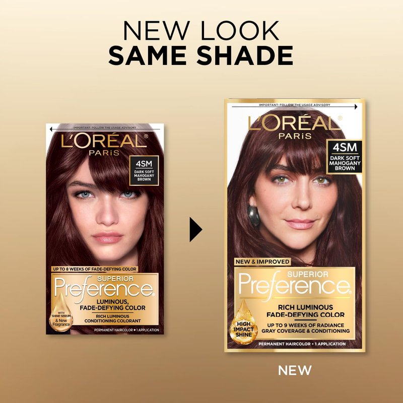 L'Oreal Paris Superior Preference Luminous Fade-Defying Permanent Hair Color, Hair Dye For Up to 9 Weeks of Radiance, Dark Soft Mahogany Brown 4SM, 1 Hair Dye Kit